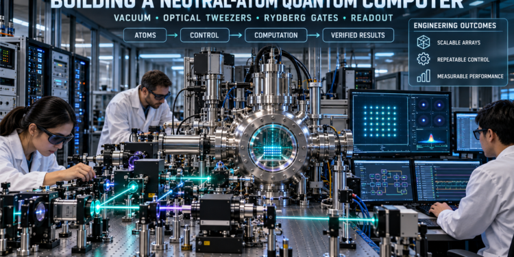 Neutral Atom Quantum Technology: Engineers assembling and operating a neutral-atom quantum computer with a vacuum chamber, optical tweezers, Rydberg gate controls, readout systems, and classical computing infrastructure.