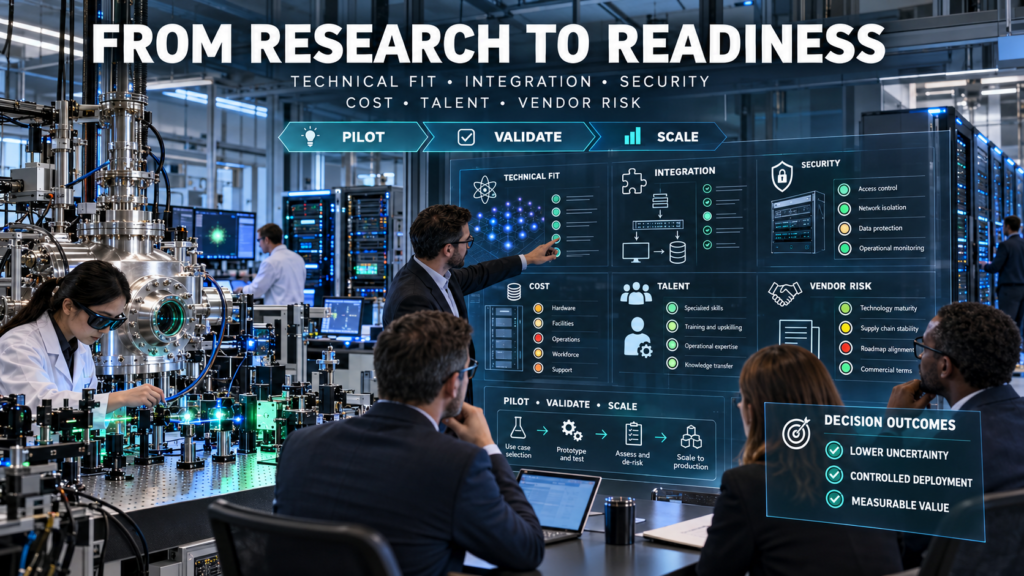 Business and technical teams evaluating integration, security, cost, talent, and vendor risks for a neutral-atom quantum computing deployment.