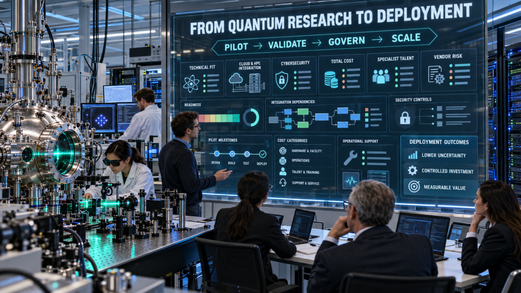 Technical and business teams evaluating neutral-atom quantum deployment readiness, integration, cybersecurity, total cost, specialist talent, and vendor risk.