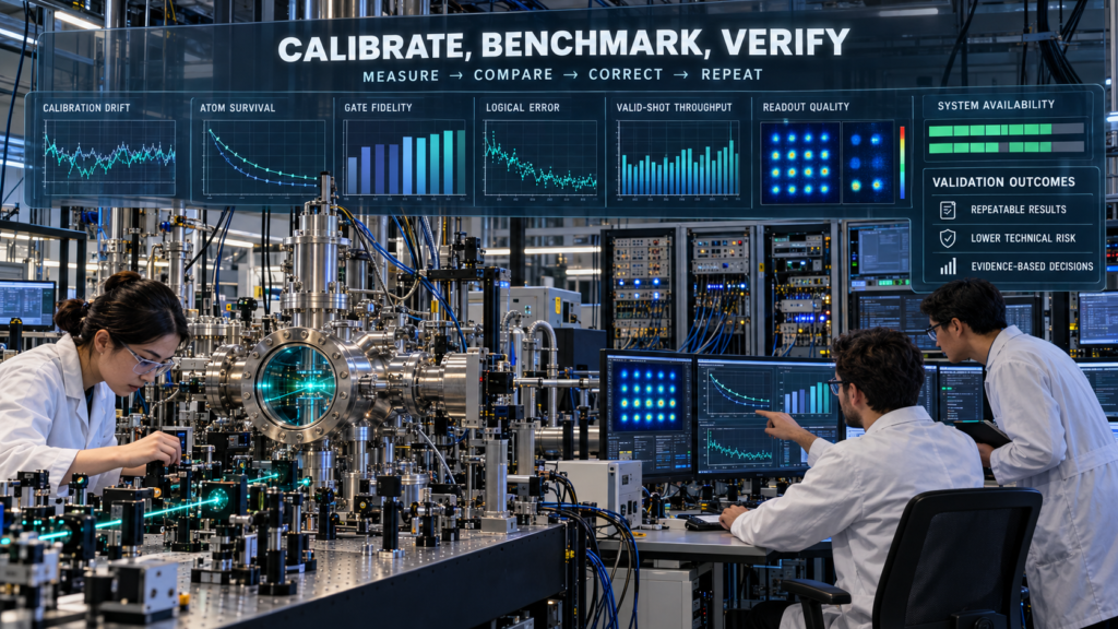 Engineers calibrating and benchmarking a neutral-atom quantum system while monitoring atom survival, gate fidelity, logical error, valid-shot throughput, readout quality, and availability.