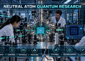 Researchers operating optical tweezers, lasers, and a vacuum chamber containing a programmable neutral-atom array.
