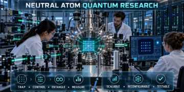 Researchers operating optical tweezers, lasers, and a vacuum chamber containing a programmable neutral-atom array.
