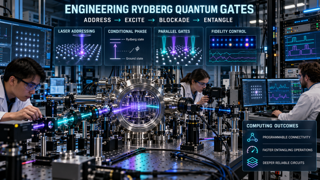 Engineers operating a neutral-atom quantum processor with laser addressing, Rydberg blockade interactions, parallel gates, conditional phase control, and fidelity monitoring.