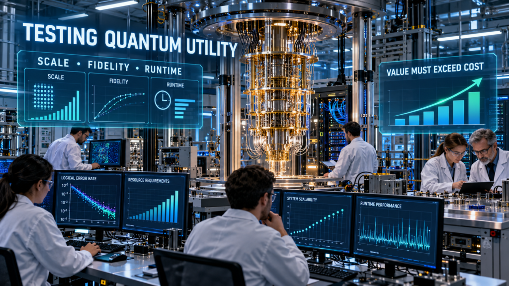 Engineers testing quantum-computing scalability, fidelity, runtime, and cost inside an advanced research facility.