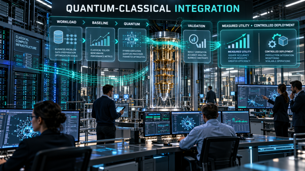 Engineers operating an integrated classical and quantum computing workflow for workload testing, validation, and controlled deployment.