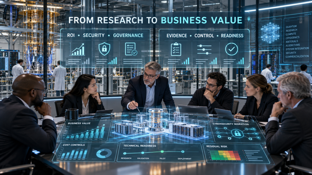 Executives and engineers evaluating quantum technology ROI, cybersecurity, governance, deployment readiness, and residual risk.