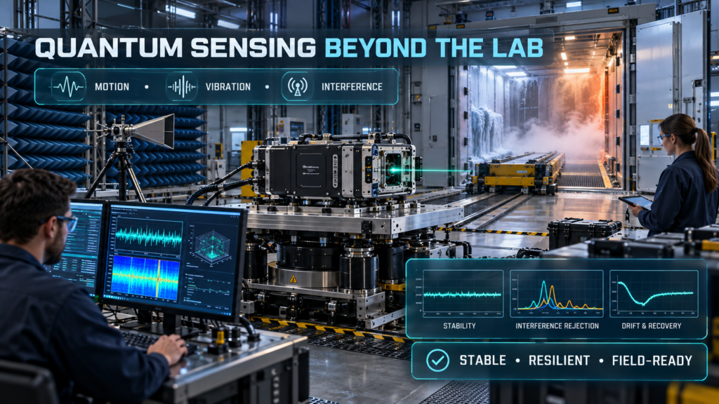 Engineers testing a rugged quantum sensor against motion, vibration, interference, and temperature changes inside an industrial facility.