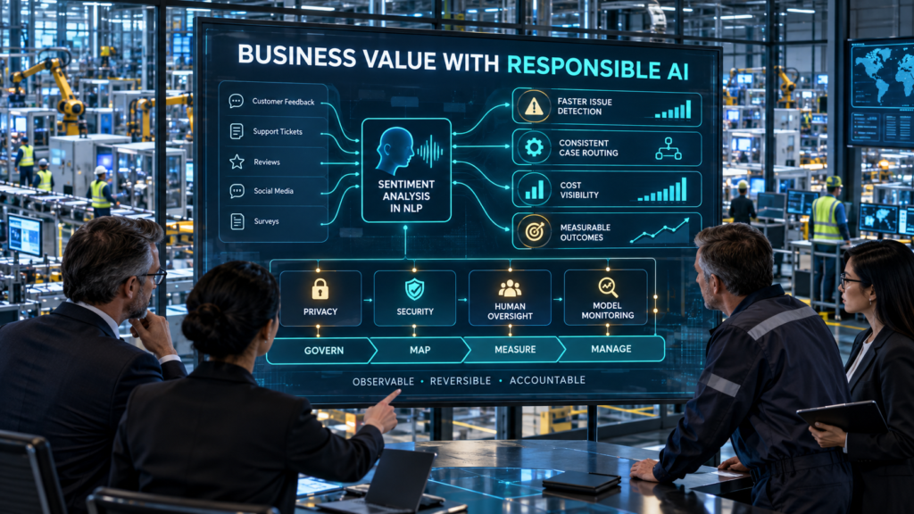Enterprise leaders reviewing sentiment analysis in NLP outcomes alongside privacy, security, human oversight, model monitoring, and NIST AI risk-management controls.