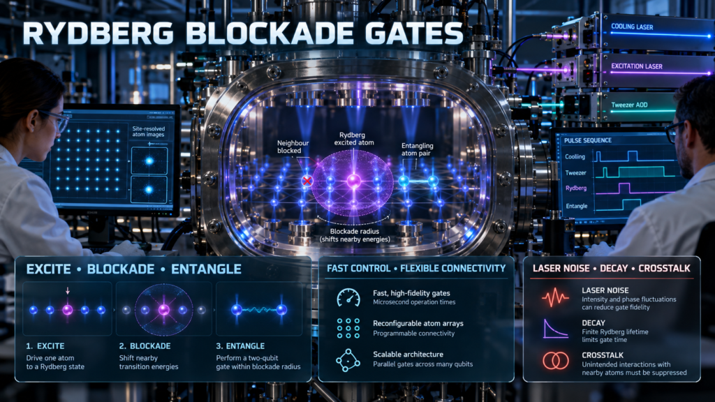 Researchers controlling a neutral-atom array with Rydberg excitation to create blockade effects and entangling gates.