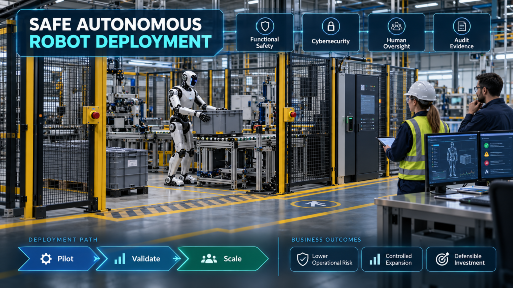 Autonomous humanoid robot deployment governed by functional safety, cybersecurity, human oversight, audit evidence, and pilot-to-scale validation.
