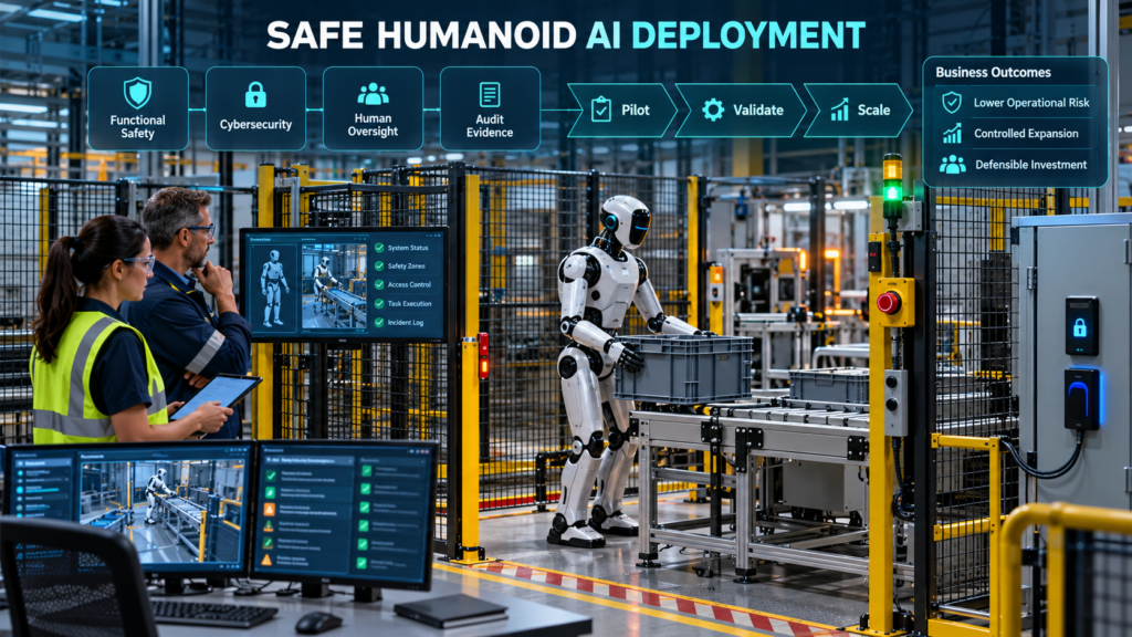 Humanoid robot deployment governed by functional safety, cybersecurity, human oversight, audit evidence, and a pilot-to-scale validation process.