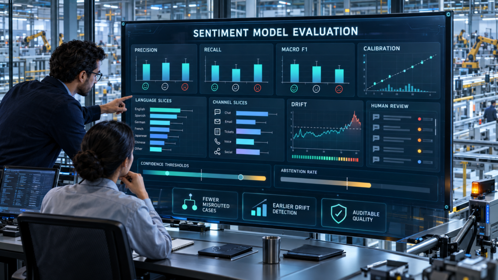 NLP engineers evaluating sentiment-analysis precision, recall, macro F1, calibration, language performance, channel performance, model drift, and human-review cases.