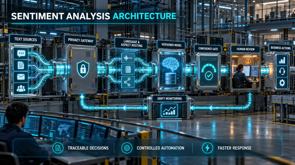 Enterprise sentiment analysis in NLP architecture showing text sources, privacy filtering, language routing, a versioned model, confidence controls, human review, business actions, and drift monitoring.