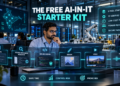 Indian IT manager using a free AI toolkit for writing, research, secure coding, design, video, and voice workflows in an AI-enabled industrial workspace.
