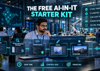 Indian IT manager using a free AI toolkit for writing, research, secure coding, design, video, and voice workflows in an AI-enabled industrial workspace.