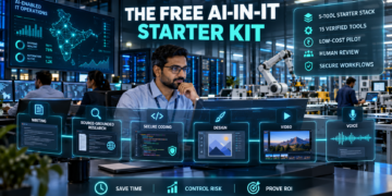 Indian IT manager using a free AI toolkit for writing, research, secure coding, design, video, and voice workflows in an AI-enabled industrial workspace.