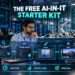 Indian IT manager using a free AI toolkit for writing, research, secure coding, design, video, and voice workflows in an AI-enabled industrial workspace.