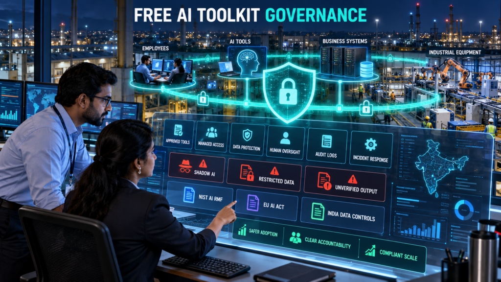 Indian cybersecurity and compliance professionals monitoring approved AI tools, managed access, data protection, human oversight, audit logs, and AI risks in a smart factory.