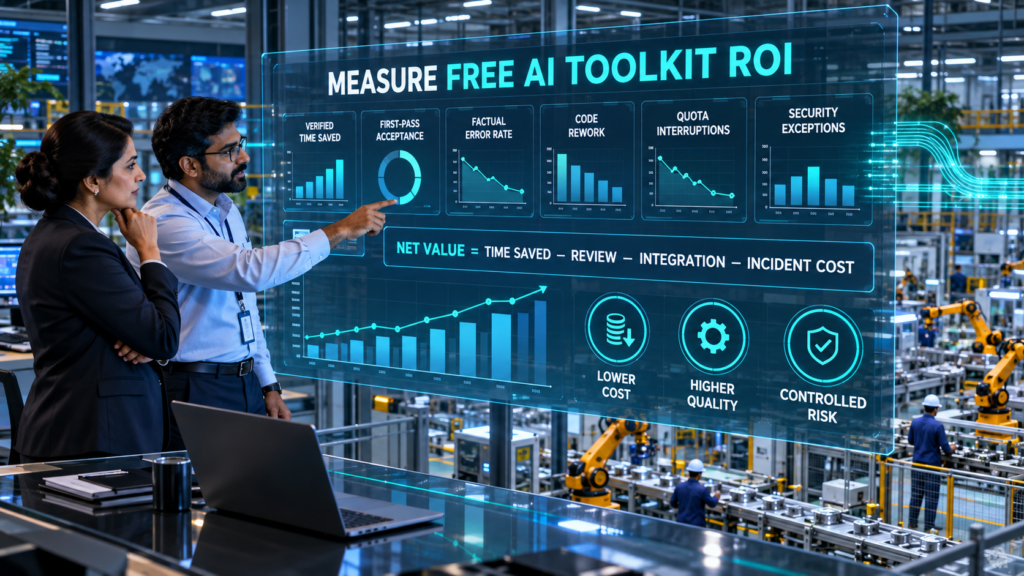 Indian IT manager and business executive reviewing free AI toolkit time savings, output quality, rework, quota interruptions, security exceptions, and net value.