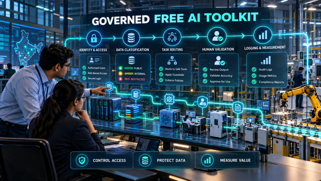 Free AI Toolkit: Indian IT governance team supervising identity access, data classification, task routing, human validation, and AI usage measurement in a smart factory.