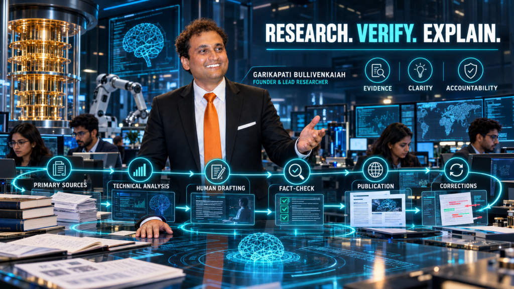 About NezzHub: NezzHub founder Garikapati Bullivenkaiah leading a human-supervised editorial workflow covering primary sources, technical analysis, drafting, fact-checking, publication and corrections.