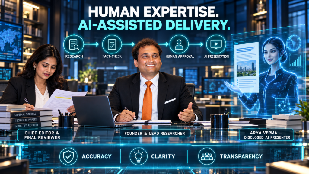 NezzHub founder Garikapati Bullivenkaiah working with a chief editor and disclosed synthetic AI presenter through research, fact-checking, human approval and AI presentation.