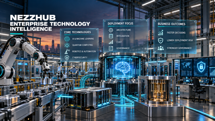 NezzHub enterprise technology intelligence infographic showing AI, quantum computing, robotics, cybersecurity, deployment priorities and business outcomes.